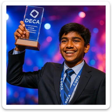 An Indian 14-year-old boy celebrating his victory at the DECA International Career Development Conference, holding up the official DECA glass trophy: a rectangular glass top mounted on a wood base, with no pointed edges. The trophy is highly detailed and accurate, showing the DECA logo and etching. The boy is smiling proudly, wearing a suit and DECA lanyard, in a vibrant, energetic scene. sticker