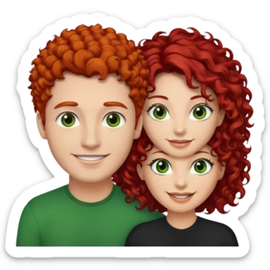 create a couple men with a red hair and browm eyes and woman with curly hair, black hair and green eyes sticker