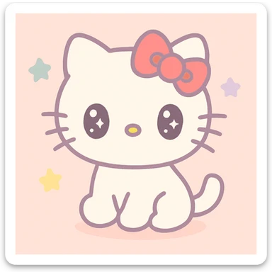 cute white cat with a red bow, inspired by Hello Kitty, soft pastel cartoon style sticker