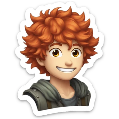 Red haired young boy with cheeky grin and pointy fluffy hair in a anime defense pose sticker