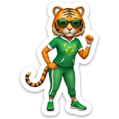 female energetic anthropomorphised tiger in full body, wearing St. Patrick's Day themed sportswear and dark sunglasses sticker