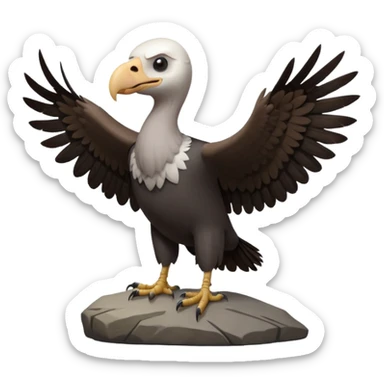a vulture — large bird with dark brown feathers, bald WHİTE head, curved beak and sharp eyes — standing proudly on a rock — wings slightly open — realistic yet cute cartoon emoji look, clean lighting, soft shadows. sticker