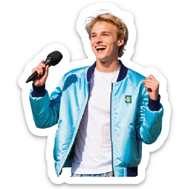 Pixel art style, expressive male performer, Caucasian features, short sandy blonde hair, lively eyes, wide cheerful smile, wearing a sky blue jacket over white tee, tossing a microphone in one hand, waist-up, front-facing sticker