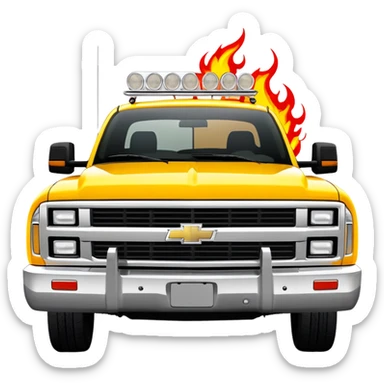 Yellow Chevrolet C-2500 Crew Cab with professional airbrushed red flame artwork on front hood and fenders, authentic Kill Bill truck design, 30-degree view, iOS emoji style sticker