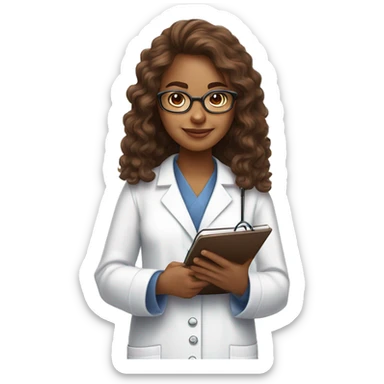 Administrator of the reproductive health office, a girl, with brown fluffy hair, wearing glasses with notebooks and a phone in her hands. In a white medical gown sticker