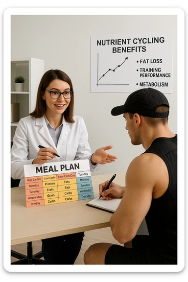 a nutritionist explains to an athlete how to cycle macronutrients for fat loss and training. On the desk, a weekly meal planner shows alternating high-carb and low-carb days, with color-coded sections for proteins, fats, and carbs. The athlete takes notes, and a chart in the background illustrates the benefits of nutrient cycling. The mood is professional and educational. scritto in italiano sticker