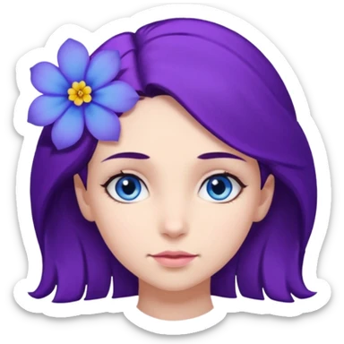 Create a girl of European appearance who looks sideways with dark brown hair, blue eyes and a purple hair flower sticker