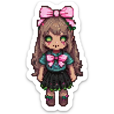zombie girl with bangs, medium light brown hair and a pink bow, pixel art style sticker