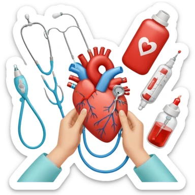 hands making a loveheart with background of stethescope, heel lancet, baby blood tubes, monitoring cables, baby bottle, cute scrapbooking paper,  sticker