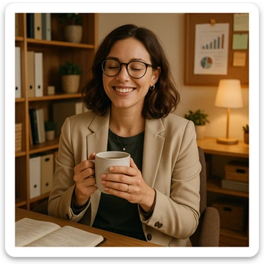 a relaxed and happy female project manager holding a coffee cup in a cozy office setting sticker