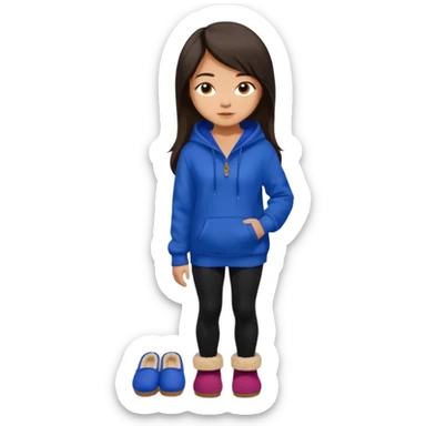 A pretty white/asian tanned girl with medium long strait dark brown almost black hair wearing a royal blue hoodie and black leggings pretty tan with Ugg slippers sticker
