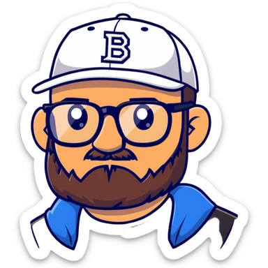 adventurer with beard, glasses and backwards baseball cap sticker