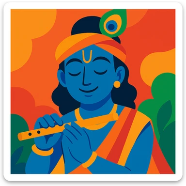 Krishna, the Hindu deity, with blue skin, peacock feather crown, gentle smile, in vibrant toon style, colorful and lively sticker