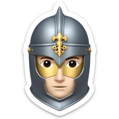 Clash of Clans aesthetic: Cinematic heroic Armored Knight Hero close up Emoji, rendered in a 3D vector-style similar to standard emojis with minimal shading and bold, simplified shapes. A compact, isometric warrior clad in gleaming plate armor with intricate heraldic details, softly glowing with a chivalrous medieval charm. Simplified yet unmistakably iconic, highly detailed and consistent, glowing with a soft radiant shine and high polish. Stylized with a touch of noble valor and a soft glowing outline, wearing a full face helm so that no face is visible with only eyes visible, capturing the essence of a gallant knight ready for honorable battle with a friendly, playful manner! sticker