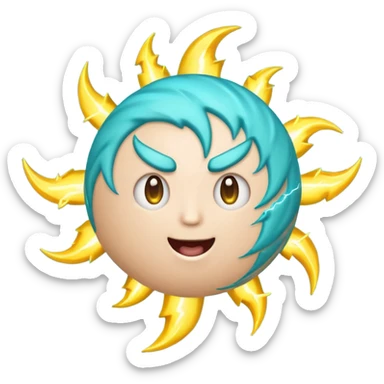 Uranus emoji in Apple-style, blue-green planet with swirling rings, a big playful and excited face, and one large yellow lightning bolt in front, bursting with electric, chaotic energy. sticker