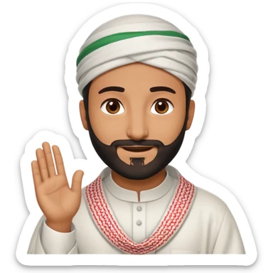 detailed iPhone-style emoji of a Saudi man in white thobe, red-and-white shemagh with black agal, short beard, brown eyes, smiling, both hands visible sticker