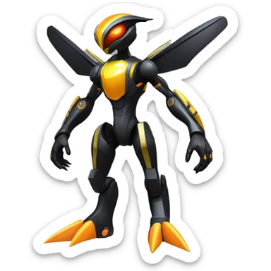 a shiny metallic black-orange-yellow Genesect-Flygon-Raptor-Fakémon-Medabot-hybrid with a futuristic visor-helmet full body sticker
