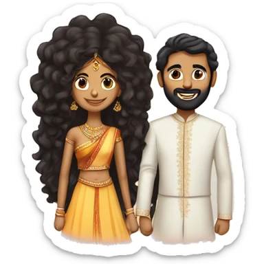 indian girl with curly hair marrying indian guy with straight hair and beard with an interesting background sticker