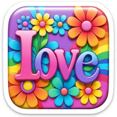 Beveled square shaped psychedelic colored button with rainbow colored hippie style 3D flowers and the word love in the center sticker
