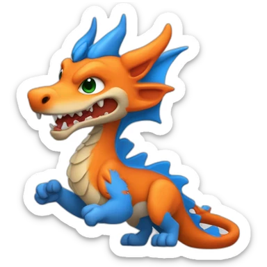 Un dragon mi loup avec des corne de bélier orange moutard. il est de la couleur rouge, bleu, blanc et orange moutardes. Il qui crache du feux sticker