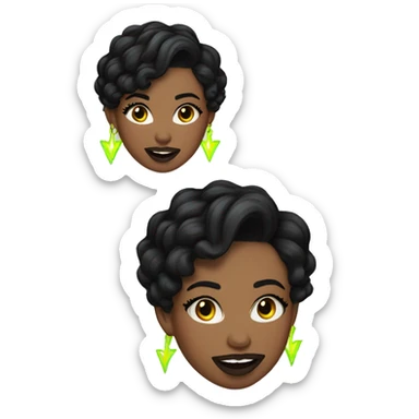 woman with short, wavy black hair, dark brown eyes and long eyelashes, wearing neon lightning bolt earrings with a tongue piercing and a black top sticker