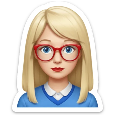 45 yr old white woman, pale skin, long straight blond hair parted in center, blue eyes, bangs, clothes for school, big red glasses sticker