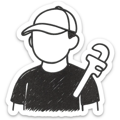 Plumber wearing a black t-shirt in hand-drawn black outline style, simple and clear line art with no fill, emphasizing the black t-shirt. sticker