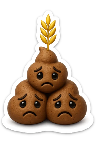 emoji stile iphone di una montagnetta di feci umane realistiche a palline tristi con sopra un simbolo del grano, iperrealistico 4k sticker