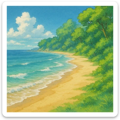 ghibli style coast with sandy beach, gentle waves, and lush greenery sticker