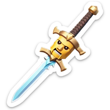 Clash of Clans aesthetic: Cinematic Playful Pixel 3D Sword Portrait Emoji, rendered in a 3D vector-style similar to standard emojis with minimal shading and bold, simplified shapes. A compact, distinct form with signature details, softly glowing with a pixelated adventure charm. Simplified yet unmistakably iconic, highly detailed and consistent, glowing with a soft radiance and high shine. Stylized with a touch of classic pixel-art charm and a soft glowing outline, capturing the essence of a beloved gaming relic with a friendly, playful manner! sticker