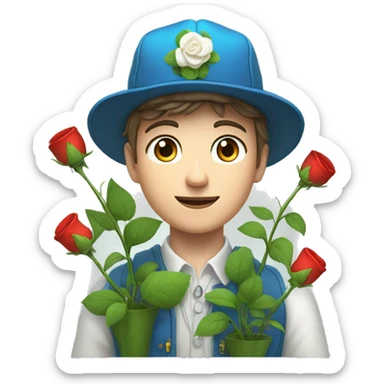 a botanist white young man with luigi "D" cap and blue clothes holds various flowers (white rose, red flowers) sticker