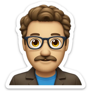 un développeur devant son ordinateur brun cheveux mi long une raie au milieux avec écouteur yeux bleus moustache peau normal sticker