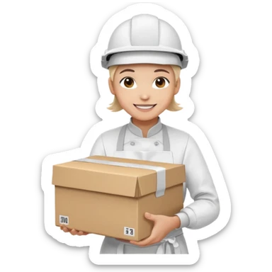 Tengo que dar una capacitacion de orgonomia, necesito un emoji de un operario con casco blanco y delantal blanco de manga larga que levante una caja cerrada con las dos manos a la altura de los hombros sticker
