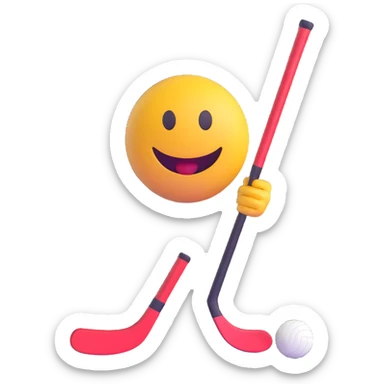 3D smiley emoji, round shape, with ice hockey stick and puck, sporty face sticker