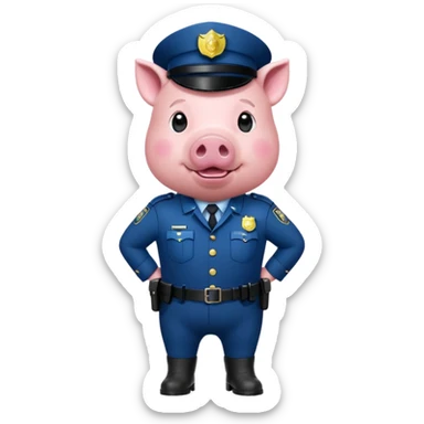 a pig, upright, in a police officer uniform, drooling and looking to the bottom left sticker