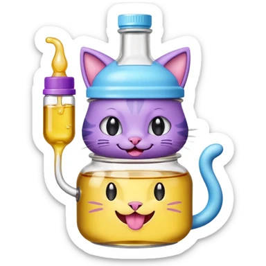 Smiling bottle of oil light purple top and light blue sticking tongue out and with cat ears sticker
