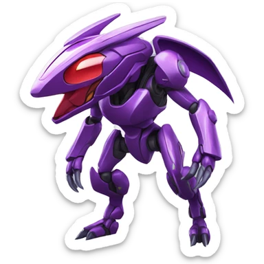 a shiny purple-green-red Genesect-Raptor-Fakémon—hybrid with a futuristic visor-helmet full body sticker