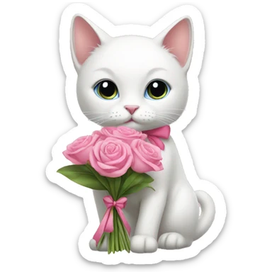 White cat with pink bow on ear and a pink dress holding flowers sticker