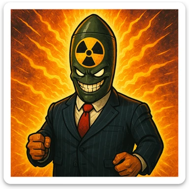 stylized boss character with a nuclear warhead for a head, radiating energy, evil grin sticker