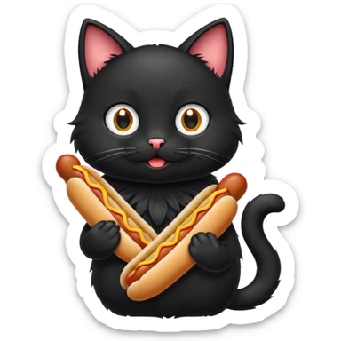 A cartoon black cat holding one hot dog and eating it sticker
