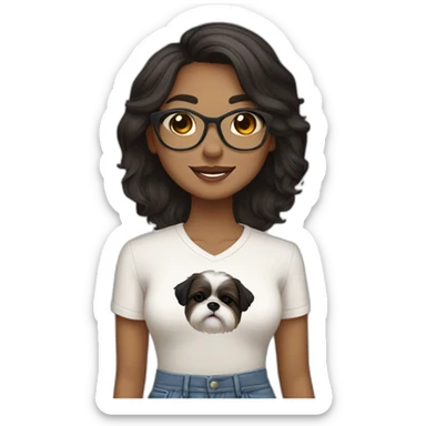 black haired woman wearing a shirt SAYING "BINDU "with light skin and a smiling shih tzu wearing a shirt saying "BROWNIE" sticker