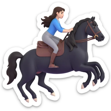 dynamic image of a brunette girl with long hair riding a black horse without a saddle, both in motion sticker