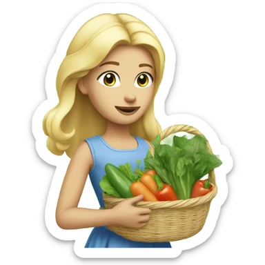 Girl with blonde hair and blue eyes wearing a sleeveless sundress and carrying two baskets of vegetables and greens sticker