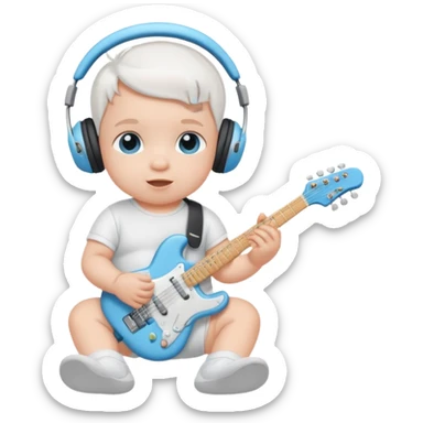 a cute baby in a white diaper and air pod maxes playing a baby blue electric guitar sticker