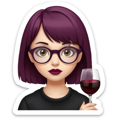 Emoji girl that has mid length brown shaggy cut hair with baby bangs, has hazel eyes and wears half transparent glasses, she is goth and wears wine colored lipstick sticker