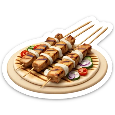 cinematic-realistic-souvlaki-dish-emoji,-showcasing-skewered,-grilled-chicken-with-mediterranean-spices-rendered-with-dynamic-textures-and-warm,-appetizing-lighting on pita bread sticker