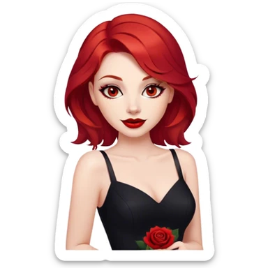 a woman with red hair and red eyes. The woman wear a black little cutted dress. She have red lipstick and she have a seductive look and smile. She have a rose in her hair sticker