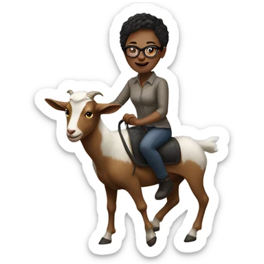 White woman with really short hair and glasses riding a goat sticker