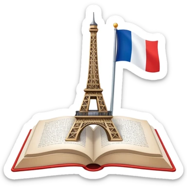 An icon featuring the Eiffel Tower and the flag of France, symbolizing the French language. The design includes an open book with French text, representing language learning and French culture. Transparent background highlights the elegance of the French-speaking world. sticker