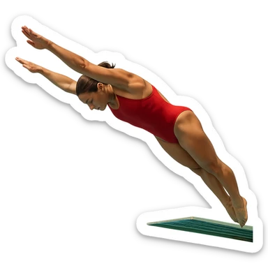 a person in a swimsuit diving off a diving board, arms extended in the diving position, dynamic motion, clear background sticker